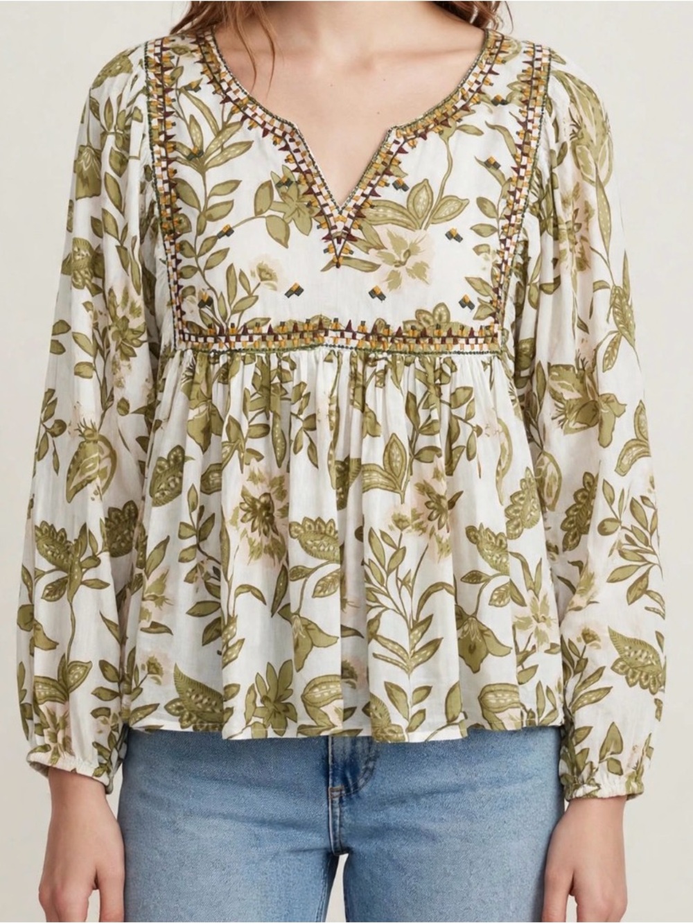 World Market Boho Floral Peplum Blouse - Cream and Olive Green - Size S/M